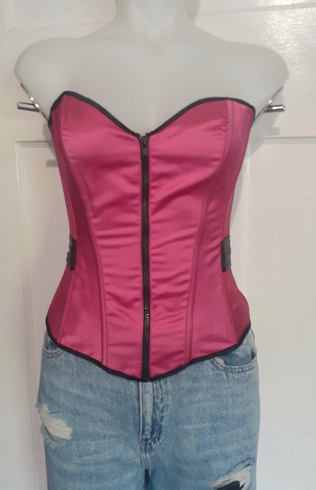 SHIRLEY OF HOLLYWOOD - Satin Pink Zip-Up Bustier with Tie-Up Front or ...